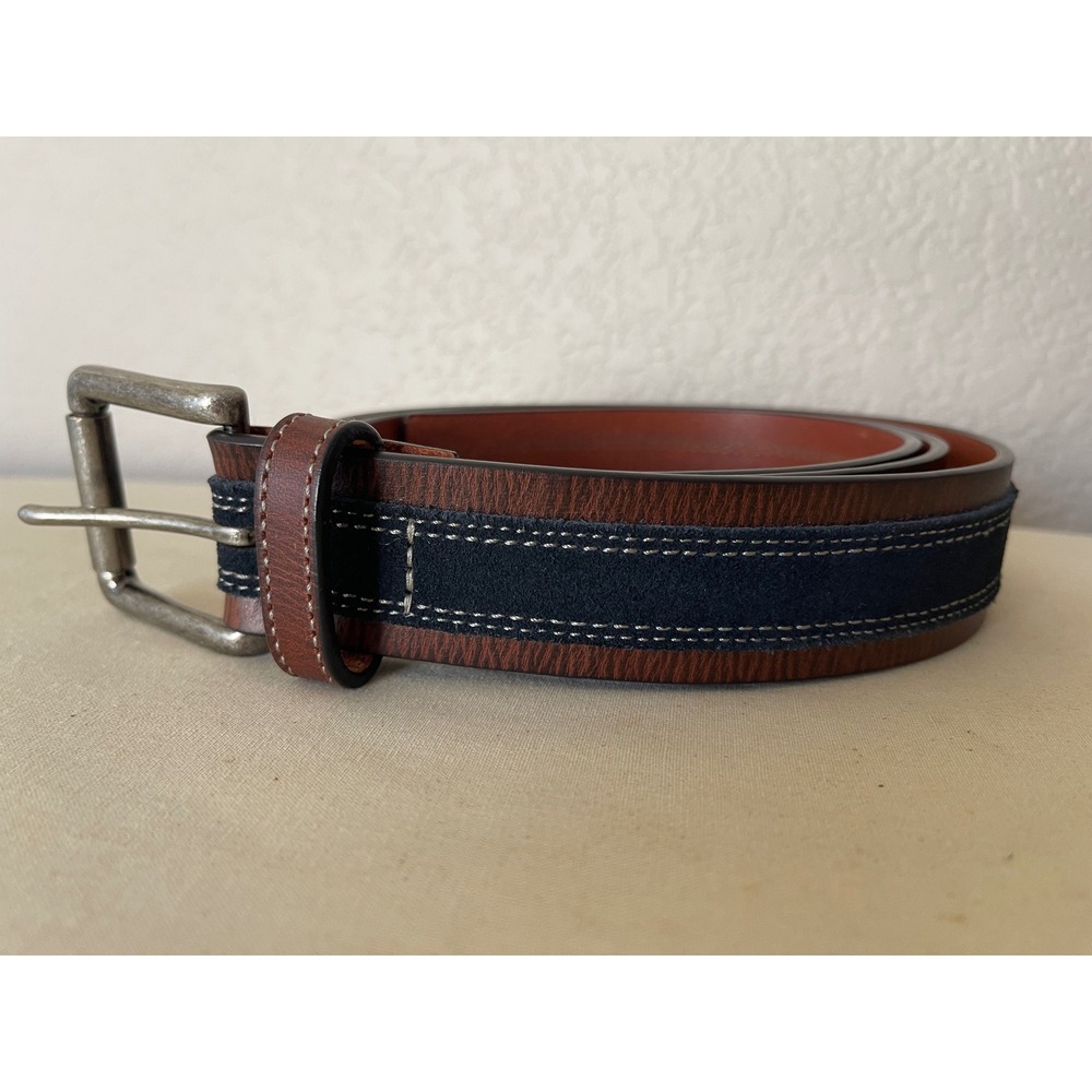 Johnston & Murphy Mens Leather Belt 44 Brown Suede Overlay Contrast Stitch Casua